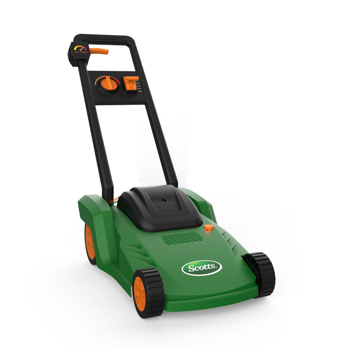 A green and black Scotts Water Squirting Lawnmower by Red Toolbox features orange wheels and controls, displayed on a white background.
