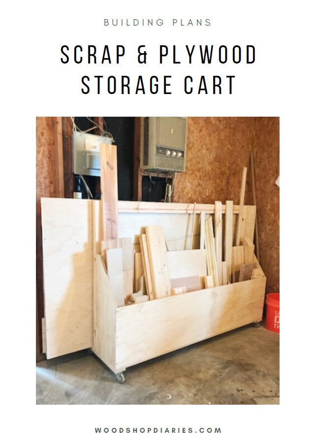 DIY scrap wood and plywood storage cart building plans finished rolling cart loaded with sheet goods and lumber offcuts in garage workshop