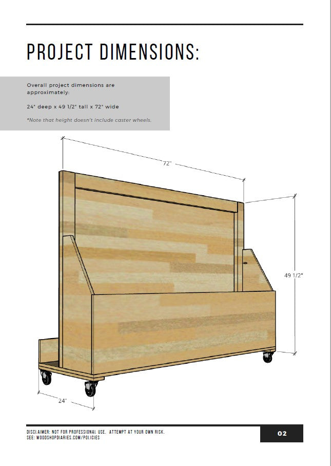 Project dimensions diagram for DIY scrap and plywood storage cart