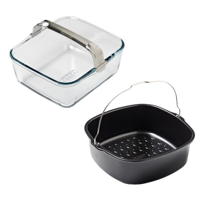 Set of 2 air fryer dishes with handles - glass and metal