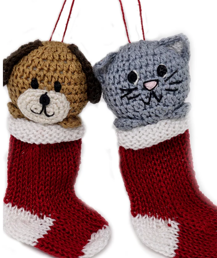 Set of 2 Hand Crocheted Puppy and Kitten in Stocking Ornaments, Fair Trade