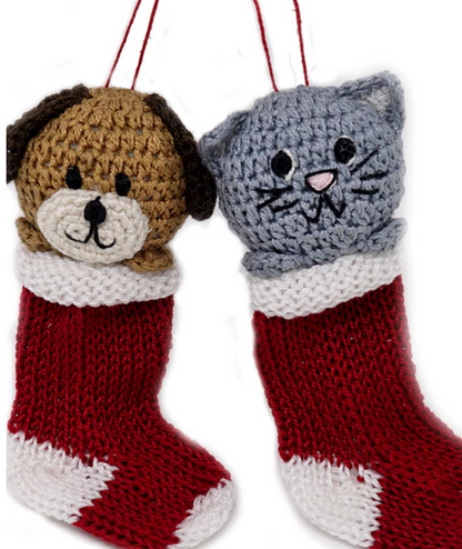 Set of 2 Hand Crocheted Puppy and Kitten in Stocking Ornaments, Fair Trade