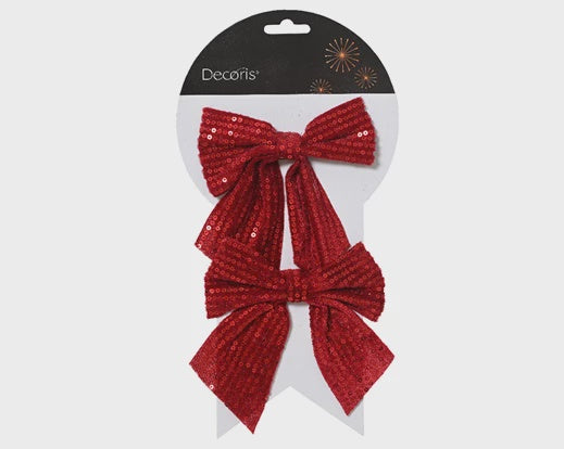 Set Of 2 Red Sequin Bows On Wire