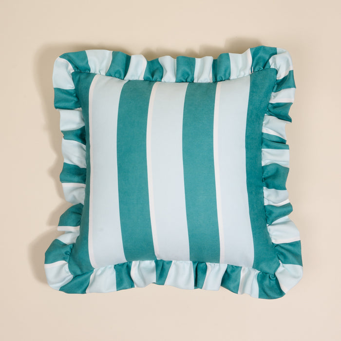 The Sicily Stripes Teal Scalloped Square Throw Pillow by The Darling Effect features wide vertical teal and light blue stripes with a ruffled scalloped edge—an inviting accent for any pillow collection.