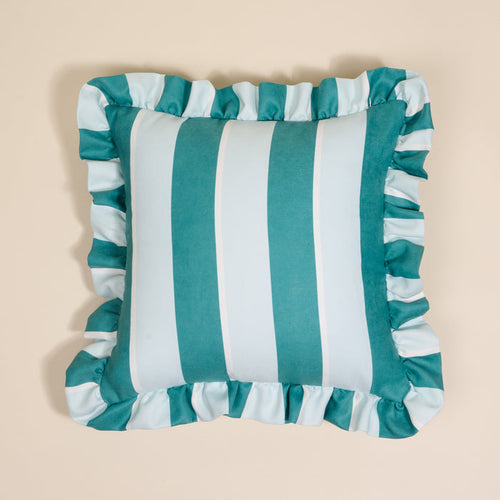 The Sicily Stripes Teal Scalloped Square Throw Pillow by The Darling Effect features wide vertical teal and light blue stripes with a ruffled scalloped edge—an inviting accent for any pillow collection.