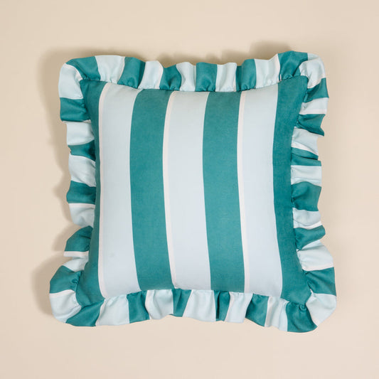 The Sicily Stripes Teal Scalloped Square Throw Pillow by The Darling Effect features wide vertical teal and light blue stripes with a ruffled scalloped edge—an inviting accent for any pillow collection.