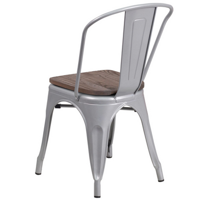 Silver Metal Stackable Tolix Farmhouse Chair with Wood Seat