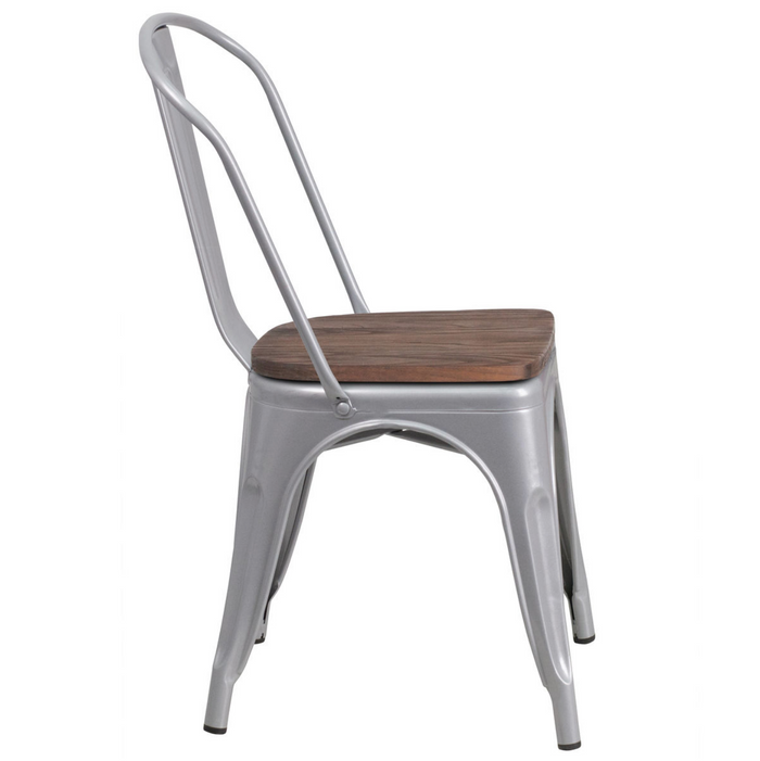 Silver Metal Stackable Tolix Farmhouse Chair with Wood Seat