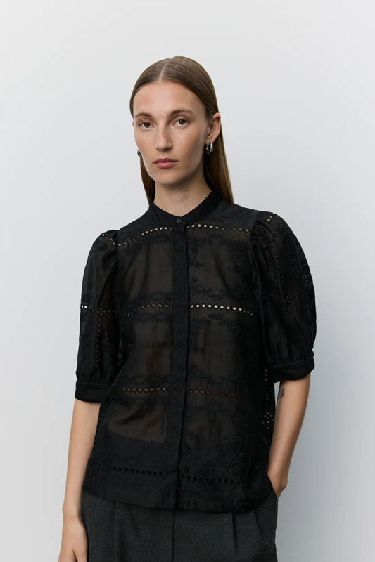 Sofie Schnoor black broderie anglaise shirt with smocked sleeves – Dotique