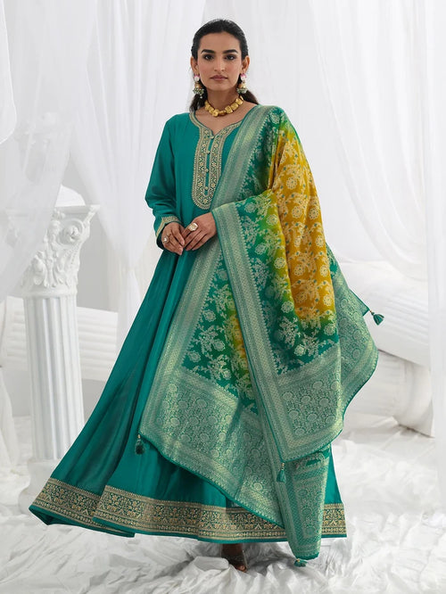 Teal Floral Anarkali Set