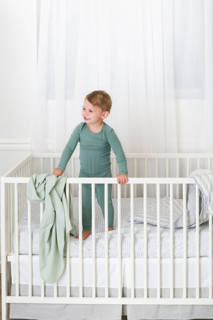 Grey Bamboo Baby Crib Sheet Blanket Skirt