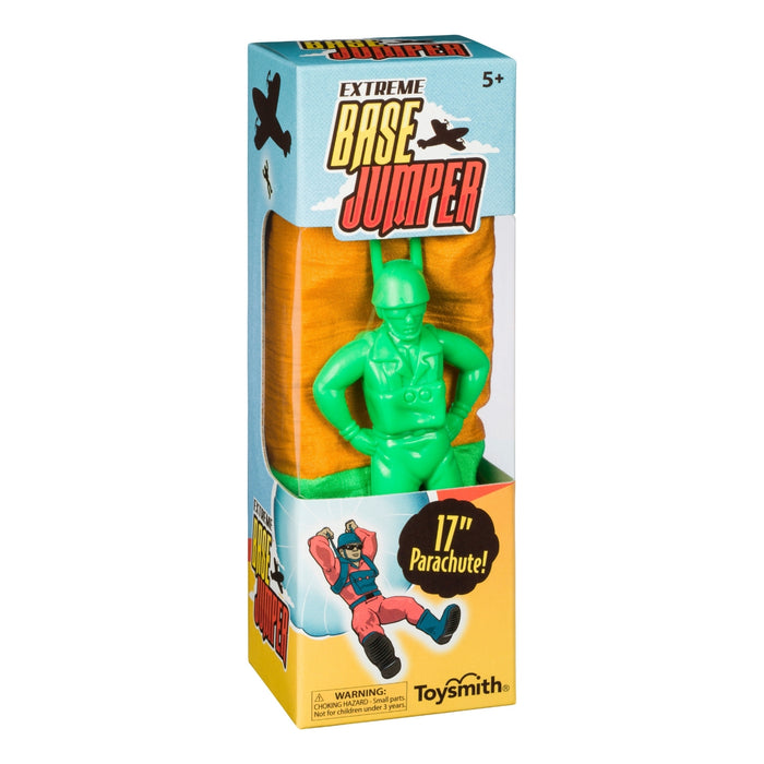 The Toysmith Base Jumper features a green parachute man with a 17-inch no-tangle parachute, perfect for outdoor play. Made by Toysmith and suitable for ages 5 and up.