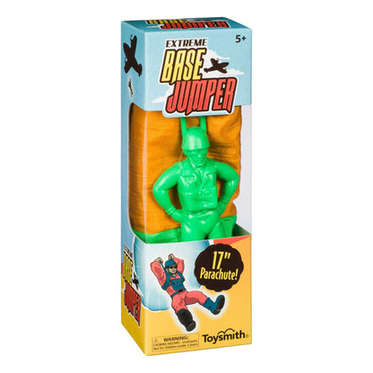 The Toysmith Base Jumper features a green parachute man with a 17-inch no-tangle parachute, perfect for outdoor play. Made by Toysmith and suitable for ages 5 and up.