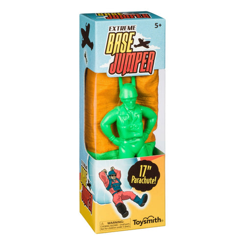 The Toysmith Base Jumper features a green parachute man with a 17-inch no-tangle parachute, perfect for outdoor play. Made by Toysmith and suitable for ages 5 and up.