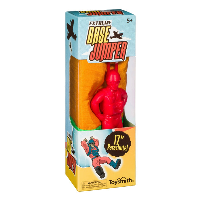 Toysmith Base Jumper by Toysmith features a red parachute man with a 17-inch no-tangle chute, ideal for outdoor play. Suited for ages 5+, its box displays a base jumper and plane illustration.
