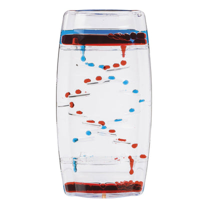 The Toysmith Bubble Motion Tumbler by Toysmith is a clear upright timer with red and blue liquids that drip down staggered ramps for a calming visual relaxation effect.