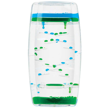 The Toysmith Bubble Motion Tumbler features green and blue droplets slowly zigzagging down ramps, creating a calming, mesmerizing visual effect as the colorful liquids move for relaxation.