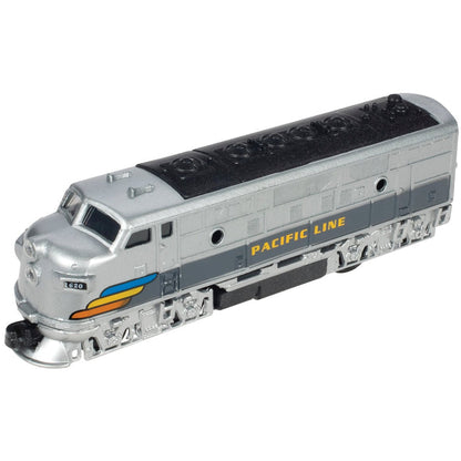 The Toysmith Classic Diesel Train, by Toysmith, features a silver and gray locomotive with "Pacific Line" in yellow, colorful stripes at the front, intricate wheels, and a sleek black top for detailed vehicle play.