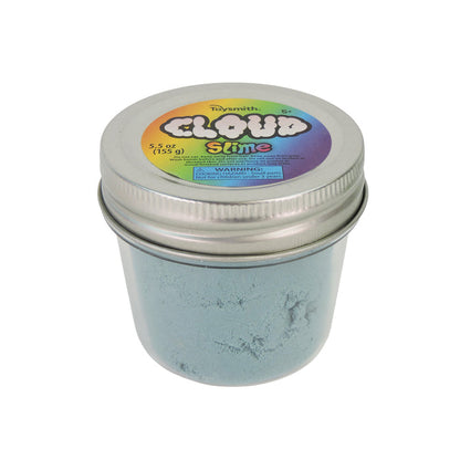 A small clear plastic jar with a metal lid contains Toysmith Colorful Cloud Slime, a light blue fluffy slime. The colorful label shows the brand Toysmith and states the weight as 5.5 oz (155 g).