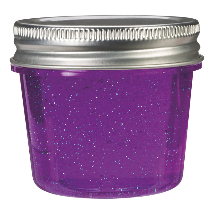 The Toysmith Glitter Slime by Toysmith comes in a small clear container with a silver screw-on lid, filled with purple glitter slime—great for sensory play or fidgeting.