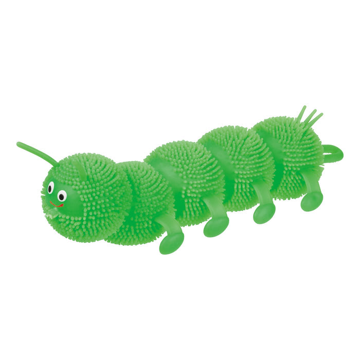 The Toysmith Colorful Stretchy Caterpillar by Toysmith is a green, rubber toy with a smiling face, round segments, six curved legs, antennas, and textured bumps for tactile fun.