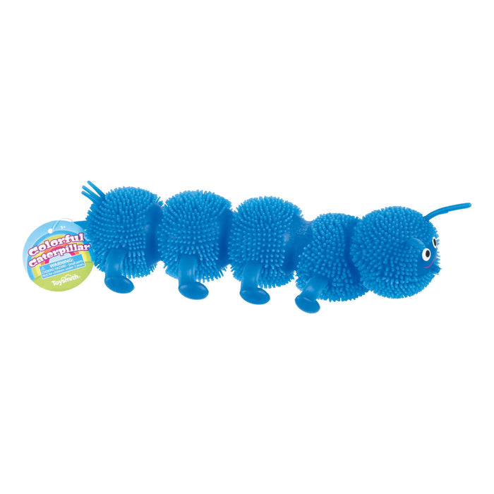 The Toysmith Colorful Stretchy Caterpillar is a blue, textured toy with six legs, round segments, googly eyes, a blue antenna, and a tag reading “colorful caterpillar.” Brand: Toysmith.