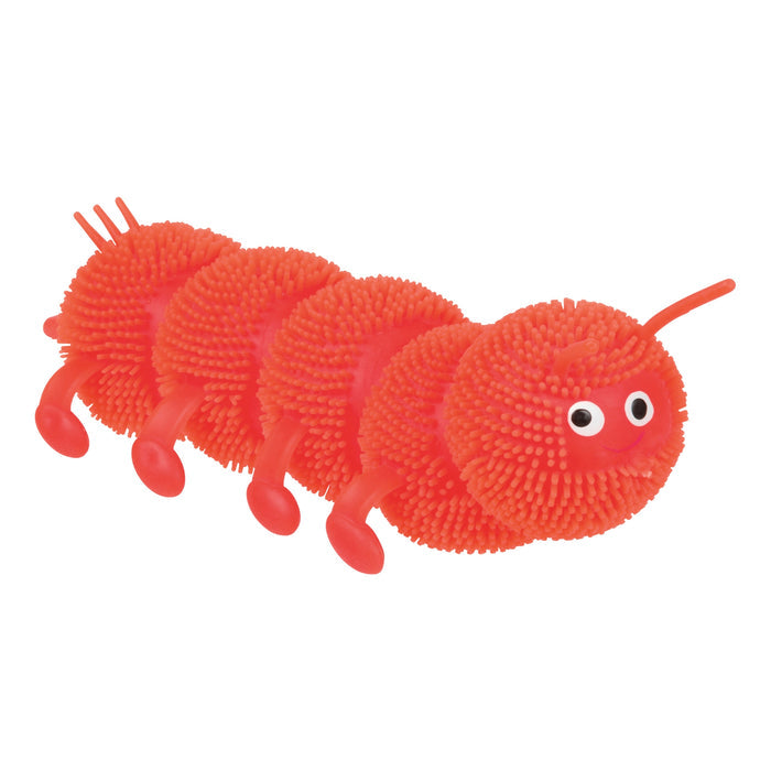 The Toysmith Colorful Stretchy Caterpillar by Toysmith is a red, rubbery toy with four legs, a textured spiky surface, two antennae, and googly eyes.