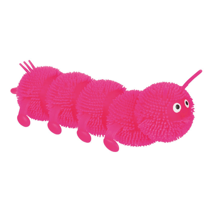 The Toysmith Colorful Stretchy Caterpillar by Toysmith is a bright pink, fuzzy toy with four round segments, small legs, two antennae, and large cartoon eyes.