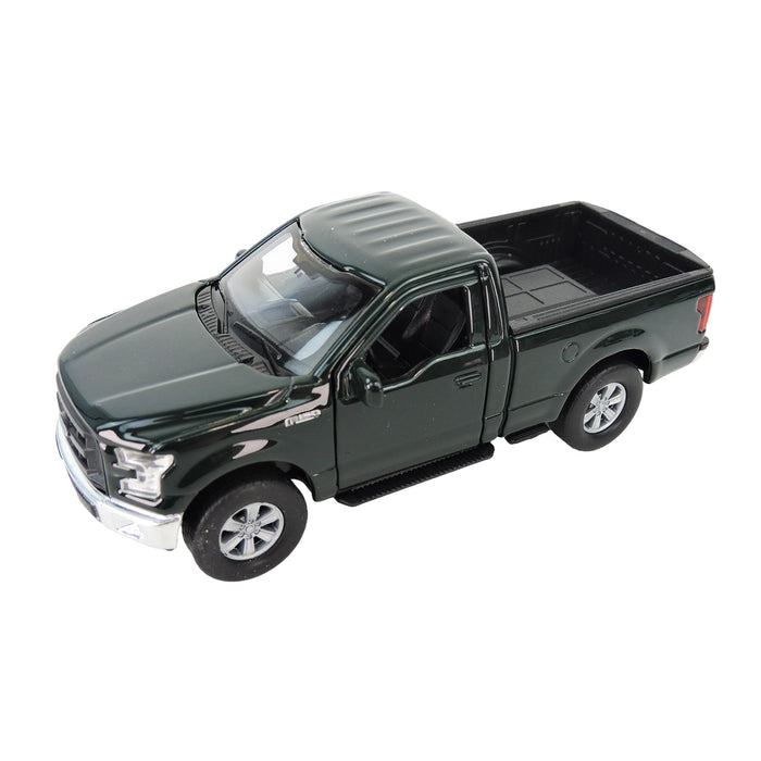The Toysmith Diecast Ford F-150 is a dark green four-door pickup toy truck with silver wheels, shown from a front-side angle on a white background.