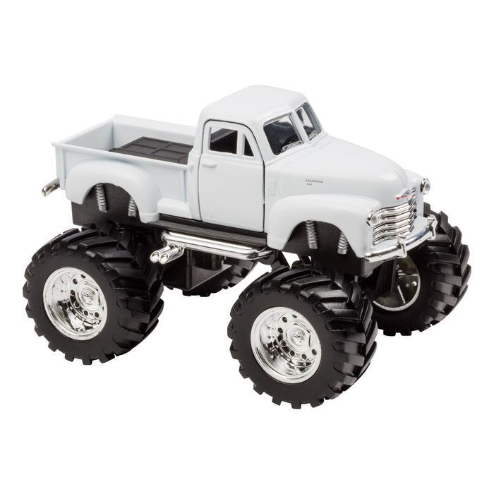 The Toysmith Monster Chevy Pickup is a white vintage-style toy truck with oversized black tires and chrome wheels, displayed on a plain white background—perfect for off-road fun. Brand: Toysmith.