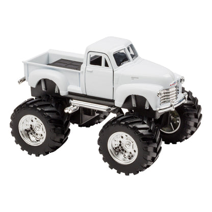 The Toysmith Monster Chevy Pickup is a white vintage-style toy truck with oversized black tires and chrome wheels, displayed on a plain white background—perfect for off-road fun. Brand: Toysmith.
