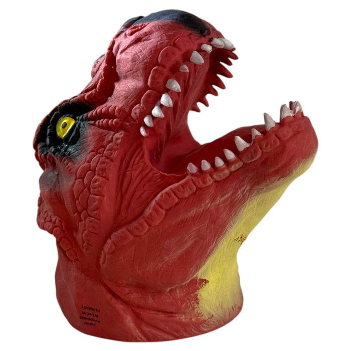 The Toysmith Dino Bite Hand Puppet by Toysmith features a fierce red and yellow rubber design with sharp white teeth and a yellow eye—perfect for enhancing any dinosaur toy collection.