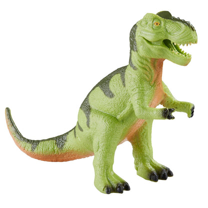 The Toysmith Dino Squishimals is a green plastic T. rex with black stripes, small front arms, and an open mouth—great as a squishy dinosaur fidget toy for fans, from Toysmith’s Dino Squishimals collection.