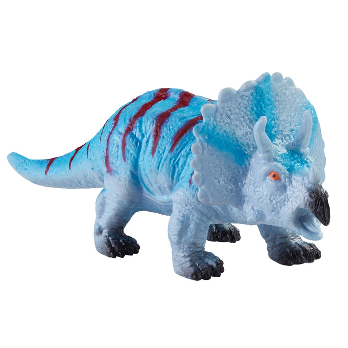 The Toysmith Dino Squishimals by Toysmith is a blue triceratops dinosaur toy with red stripes, dark blue feet, and a textured frill—ideal for fans of squishy dinosaurs.