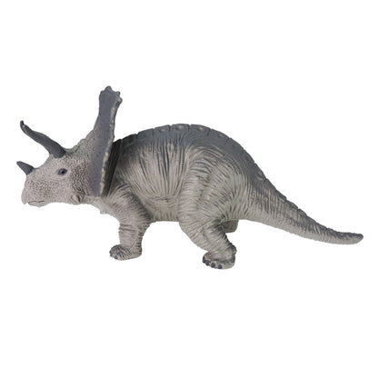 The Toysmith Large Dinosaur Figure by Toysmith is a gray plastic Triceratops toy with three horns, a large frilled head, and textured body, posed on all four legs against a white background.