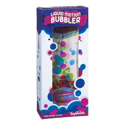 The Toysmith Liquid Motion Bubbler features pink, blue, and green liquid bubbles in a clear tube for visual relaxation. Packaged in a box with playful bubble graphics and “Liquid Motion Bubbler” text. Brand: Toysmith.
