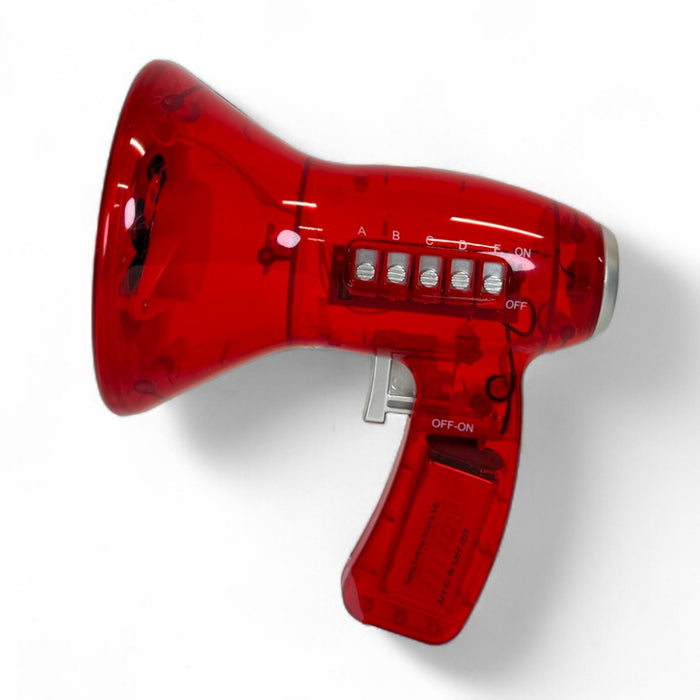 The Toysmith Mega Voice Changer by Toysmith is a red, transparent megaphone toy with labeled buttons, a trigger, and on/off switch. Its inner electronics are partly visible, making it a fun party prop. Shown on a white background.