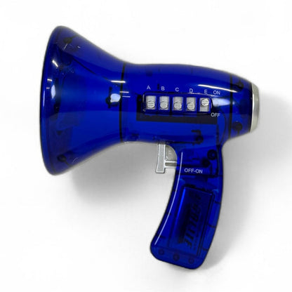 A Toysmith Mega Voice Changer by Toysmith, in blue transparent design with visible components, features a handle with on/off switch and side buttons labeled A-E, ON, and OFF; pictured on a white background.