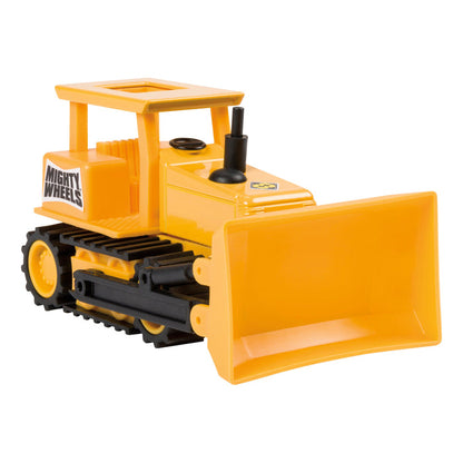 The Toysmith Mighty Wheels bulldozer features black tracks, a large front blade, and the Mighty Wheels logo on the side—perfect for hands-on play.