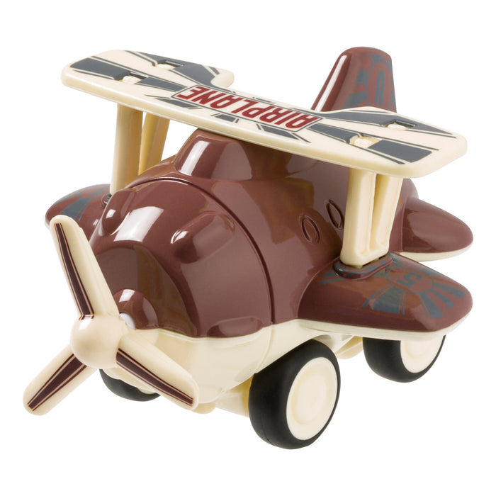 The Toysmith 4in Mini Friction Plane by Toysmith is a brown and cream kids’ toy biplane with black wheels, a spinning propeller, and "AIRPLANE" on the top wing—perfect for any toy plane collection.