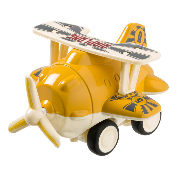 The Toysmith 4in Mini Friction Plane by Toysmith is a yellow and white biplane with black wheels, a front propeller, "AIRPLANE" on the wing, and the number 5 on the side—ideal for young toy plane enthusiasts.