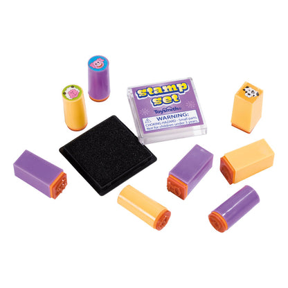 The Toysmith Mini Stamp Sets by Toysmith feature animal face craft stamps, a black ink pad, and a plastic case labeled "stamp set," perfect for creative play.