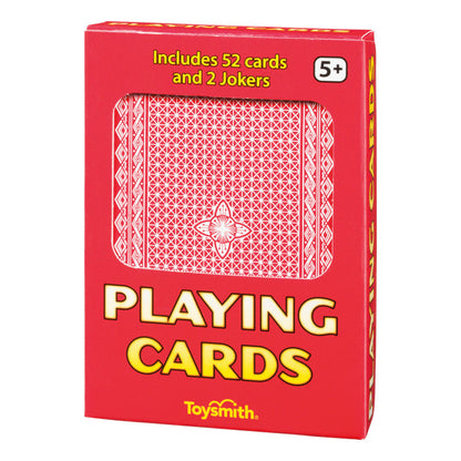 A red Toysmith Playing Cards box labeled PLAYING CARDS, ideal for travel or game nights. Includes 52 cards and 2 Jokers, for ages 5+, with a geometric card back design on display.