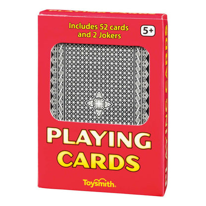 A red Toysmith Playing Cards box with a clear window reveals the patterned backs. Includes 52 cards and 2 Jokers. Ideal for ages 5+, perfect for family game nights or travel. Brand: Toysmith.