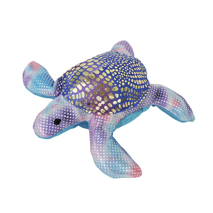 The Toysmith Sea Life Sand Animal by Toysmith is a plush sea turtle toy featuring blue, purple, and pink tie-dye colors with shiny gold hexagon patterns on its shell.