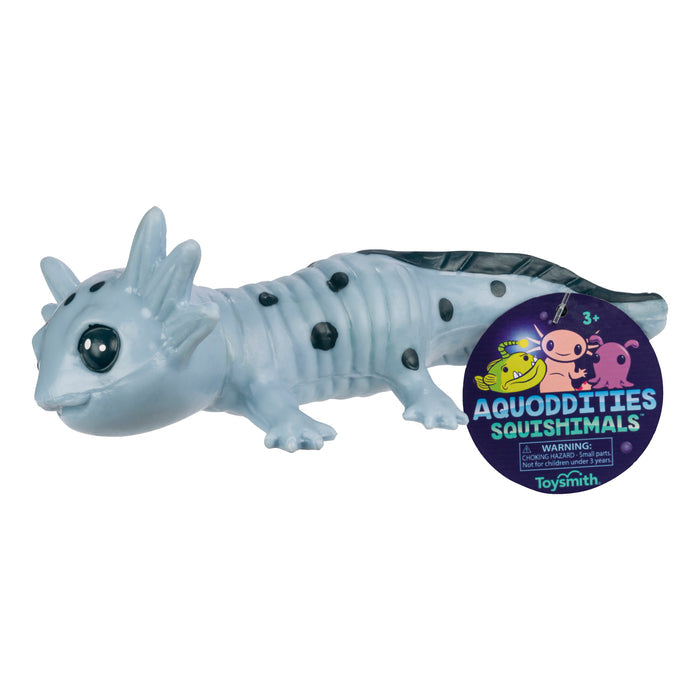 The Toysmith Aquoddities Squishimals is a blue, rubbery axolotl toy with black spots, labeled “Aquoddities Squishimals” by Toysmith—ideal for ages 3+ and a cute addition to any aquatic-themed squishy toy collection.