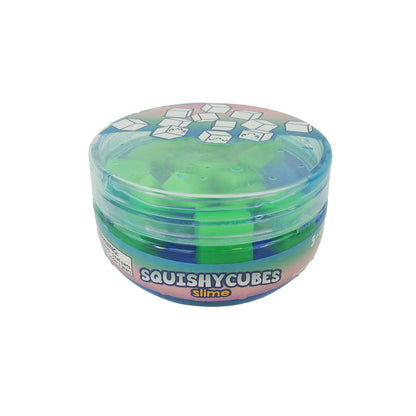 A round plastic container labeled Toysmith Squishy Cube Slime by Toysmith, featuring a blue lid with cartoon cubes and filled with green and blue slime cubes.