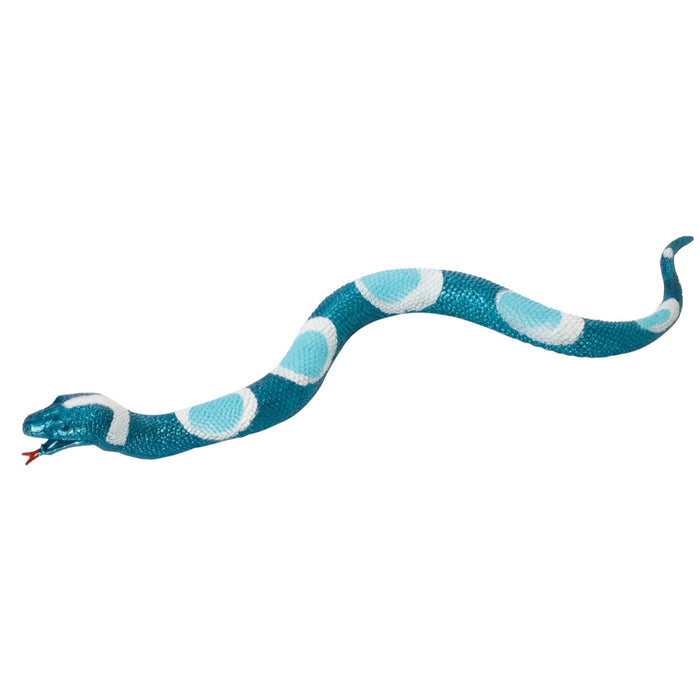 A blue Toysmith Squishy Snakes toy with white circles and a red forked tongue, shown on a plain white background. Part of the Toysmith Sensory Toy collection.