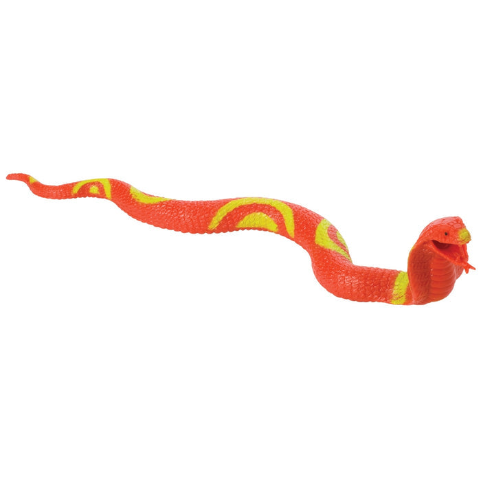 The Toysmith Squishy Snakes by Toysmith is a bright orange, stretchable snake toy with yellow patterns, textured scales, and an open mouth showing a red tongue—ideal as a sensory toy for playful fun.