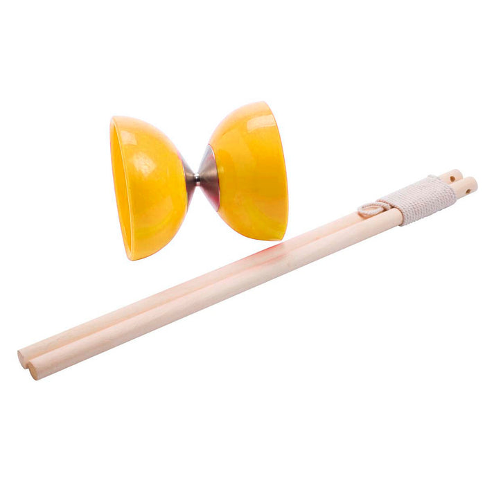 The Toysmith Street Style Diabolo by Toysmith is a yellow diabolo toy with wooden sticks joined by a white string, shown on a white background.